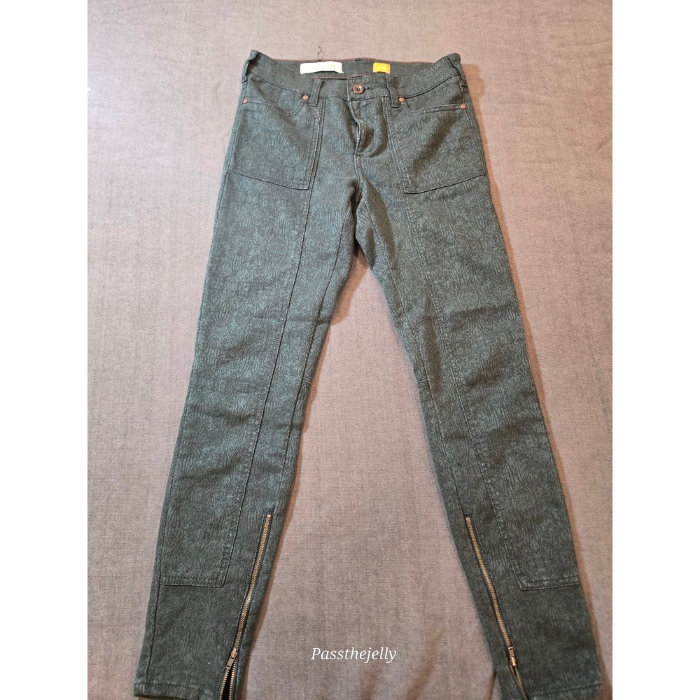 Anthropologie Pilcro Women's Pants 27 Green Floral Ankle Zip Alternative Moto